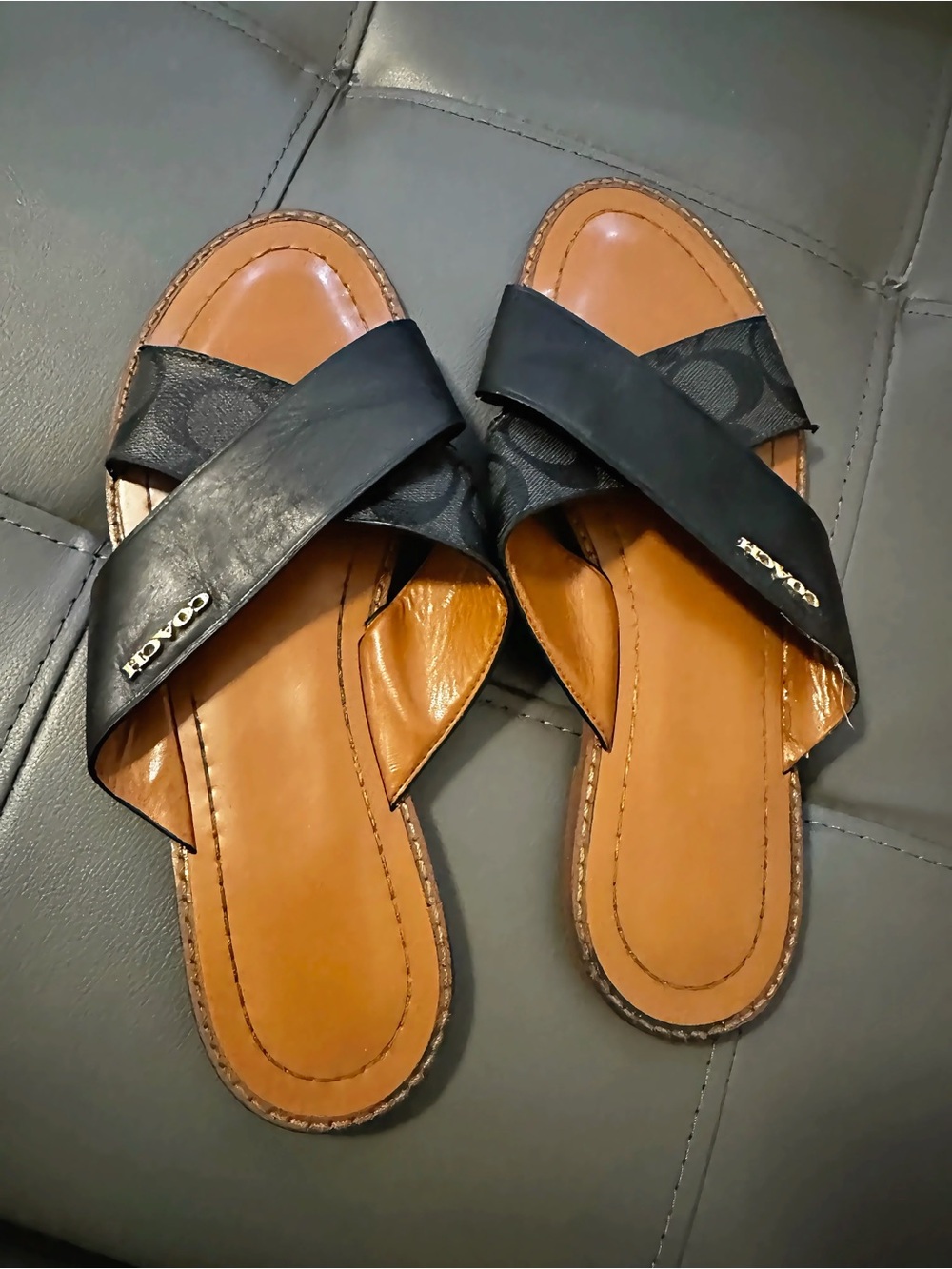 Coach Black Leather Cross-Strap Slide Sandals